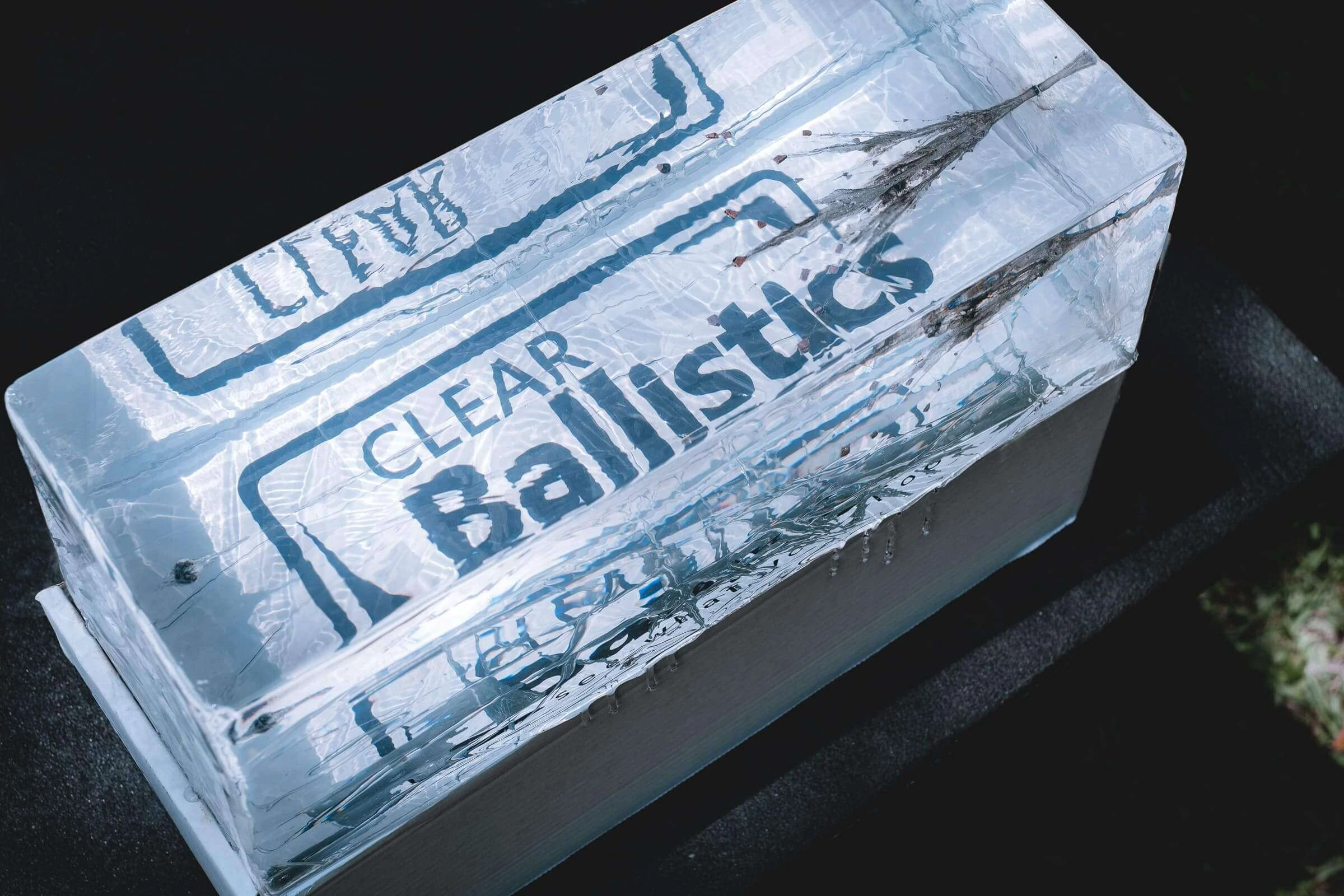 A fired Clear Ballistics gel block showing the wound channel